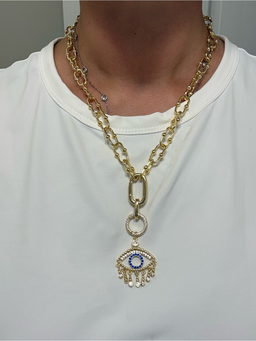 Hand Crafted 18k pvd gold plated Evil Eye Pendant paperclip Necklace Diamond CZ